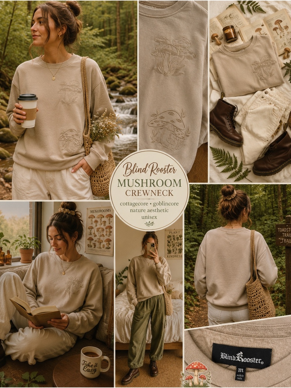 Blind Rooster Mushroom Embroidery Sweatshirt Medium Beige Cottagecore Goblincore